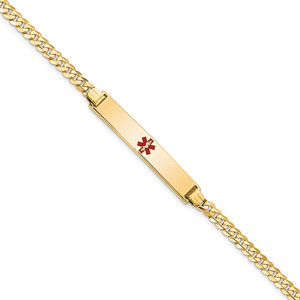 14K Medical Solid Chain/Solid Plate 34x6mm Centered Red Enamel Flat Curb Link 8 inch ID Bracelet - XM-7F64F6F9-6526
