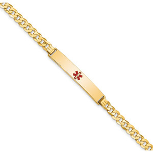 14K Medical Solid Chain/Solid Plate 34x6mm Centered Red Enamel Flat Curb Link 8 inch ID Bracelet - XM-A4AB4307-8810