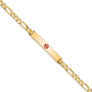 14K Medical Solid Chain/Solid Plate 34x6mm Centered Red Enamel Flat Figaro Link 7 inch ID Bracelet