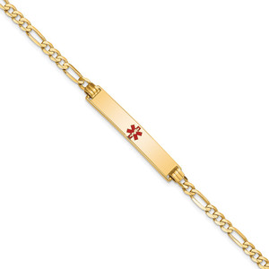 14K Medical Solid Chain/Solid Plate 34x6mm Centered Red Enamel Flat Figaro Link 8 inch ID Bracelet