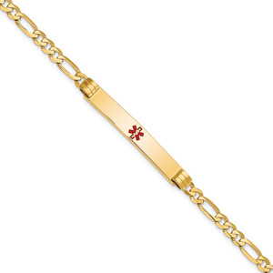 14K Medical Solid Chain/Solid Plate 37x6mm Centered Red Enamel Figaro Link 8 inch ID Bracelet