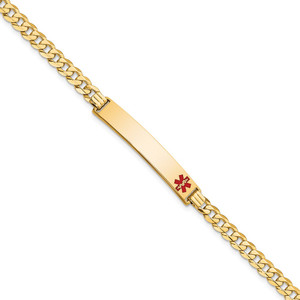 14K Medical Solid Chain/Solid Plate 37x6mm Off-Center Red Enamel Curb Link 7 inch ID Bracelet - XM-BE014973-8770