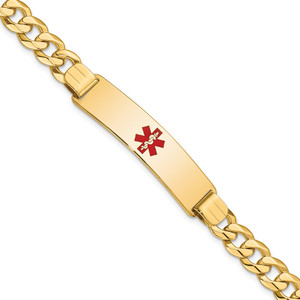 14K Medical Solid Chain/Solid Plate 40x10mm Centered Red Enamel Flat Curb Link 8 inch ID Bracelet