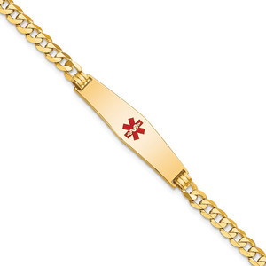 14K Medical Solid Chain/Solid Plate Soft Diamond Shape 33x8mm Centered Red Enamel Flat Curb Link 8 inch ID Bracelet - XM-817C9259-8534