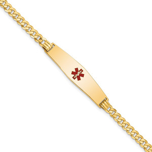 14K Medical Solid Chain/Solid Plate Soft Diamond Shape 33x8mm Centered Red Enamel Flat Curb Link 8 inch ID Bracelet - XM-D41BEA4C-6900