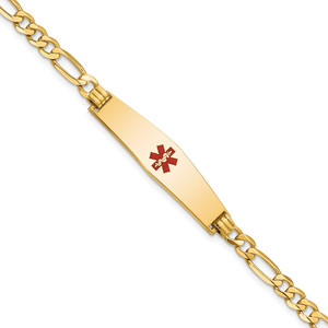 14K Medical Solid Chain/Solid Plate Soft Diamond Shape 33x8mm Centered Red Enamel Flat Figaro Link 8 inch ID Bracelet - XM-5206B9E2-3314