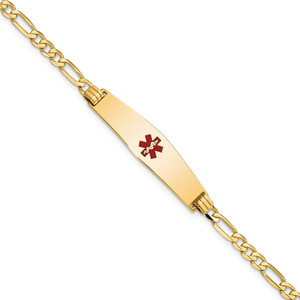 14K Medical Solid Chain/Solid Plate Soft Diamond Shape 33x8mm Centered Red Enamel Flat Figaro Link 8 inch ID Bracelet - XM-E52C4128-4341