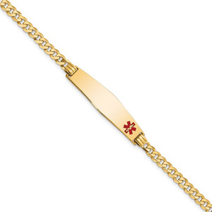 14K Medical Solid Chain/Solid Plate Soft Diamond Shape 33x8mm Off-Center Red Enamel Flat Curb Link 8 inch ID Bracelet - XM-E1879C3E-4646