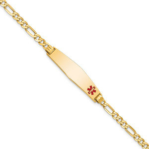 14K Medical Solid Chain/Solid Plate Soft Diamond Shape 33x8mm Off-Center Red Enamel Flat Figaro Link 7 inch ID Bracelet - XM-90887F3B-4149