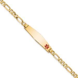 14K Medical Solid Chain/Solid Plate Soft Diamond Shape 33x8mm Off-Center Red Enamel Flat Figaro Link 8 inch ID Bracelet - XM-73BD7628-2031