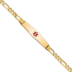 14K Medical Solid Chain/Solid Plate Soft Diamond Shape 36x9mm Centered Red Enamel Figaro Link 7 inch ID Bracelet