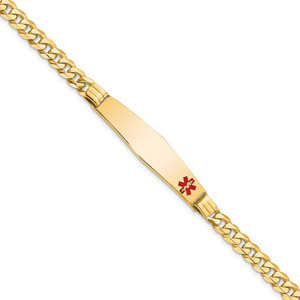 14K Medical Solid Chain/Solid Plate Soft Diamond Shape 36x9mm Off-Center Red Enamel Curb Link 8 inch ID Bracelet - XM-C51E6061-4204