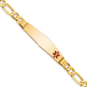 14K Medical Solid Chain/Solid Plate Soft Diamond Shape 38x9mm Off-Center Red Enamel Figaro Link 8 inch ID Bracelet
