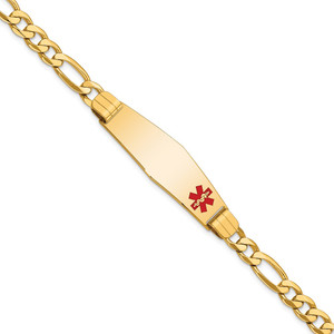 14K Medical Solid Chain/Solid Plate Soft Diamond Shape 39x12mm Off-Center Red Enamel Flat Figaro Link 8 inch ID Bracelet