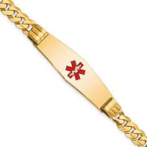 14K Medical Solid Chain/Solid Plate Soft Diamond Shape 40x12mm Centered Red Enamel Curb Link 8 inch ID Bracelet - XM-5E682B13-6181