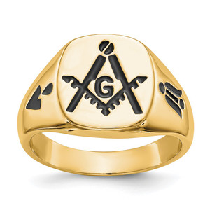 14k Men's Polished and Grooved with Black Enamel Masonic Ring - Y4-A53FE213-6633
