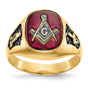 14k Men's Polished and Textured with Black Enamel and Lab Created Ruby Masonic Ring - Y1-5D90BDBB-8640