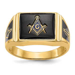 14k Men's Polished and Textured with Black Enamel and Onyx Masonic Ring - Y4-8181DE84-7070