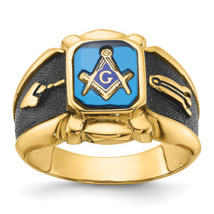 14k Men's Polished, Antiqued and Textured with Imitation Blue Spinel Masonic Ring - Y4-AB78CAA8-1837