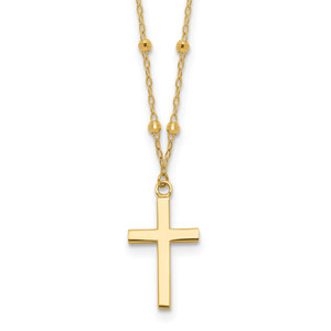 14K Mirror Beaded Chain with Polished Cross Pendant 16.25 inch Necklace Plus 2 inch Extender