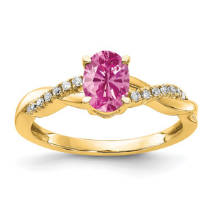 14K Oval Created Pink Sapphire and Diamond Ring
