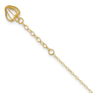 14K Oval Link Chain with Diamond-cut Heart Cage Dangle 10 inch Anklet Plus 1 inch Extender