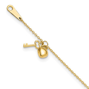 14k Oval Link Chain with Puffed Heart and Key Dangle 9 inch Anklet Plus 1 inch Extender