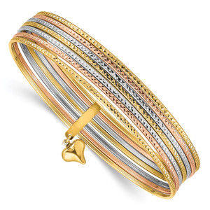 14K Oversize Tri-color Polished and Textured with Dangle Heart 7-Strand 11.00mm Slip-on Round Bangle Bracelet - DB-CB3353FC-6496