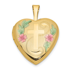 14k Pink and Green Enamel Floral Cross 16mm Heart Locket