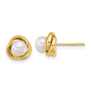 14k Polished 4-5mm Button White Freshwater Cultured Pearl Love Knot Post Earrings