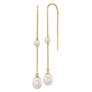 14k Polished 4-5mm Near Round and 7-8mm Teardrop White Freshwater Cultured Pearl and Chain Threader Earrings