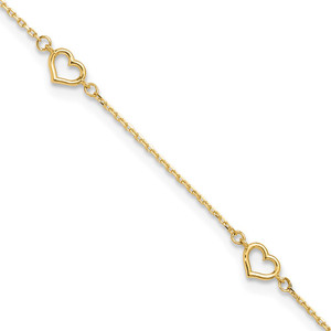 14K Polished 5-Station Open Heart and Chain 9 inch Anklet Plus 1 inch Extender