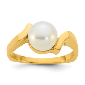 14k Polished 7-8mm Button White Freshwater Cultured Pearl Size 7 Square Shank  Ring