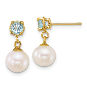 14k Polished 7-8mm Round White Freshwater Cultured Pearl and Blue Topaz Dangle Post Earrings