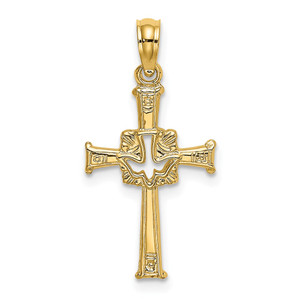 14K Polished and Engraved Cross and Dove Charm