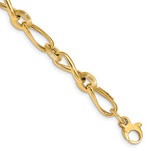 14K Polished and Grooved Fancy Twisted Link 8 inch Bracelet Plus 0.5 inch Extender