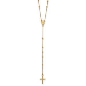 14k Polished Cross and Miraculous Medal Beaded 24 inch Rosary Necklace