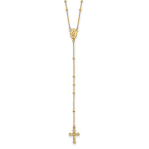 14k Polished Crucifix and Miraculous Medal 2mm Beaded 19.5 inch Rosary Necklace