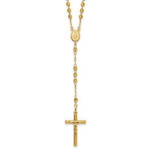 14k Polished Crucifix and Miraculous Medal with 4mm Mirror Beads Semi-solid 24 inch Rosary Necklace