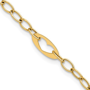 14k Polished Cut-out Hearts and Cable Links 7.25 inch Bracelet