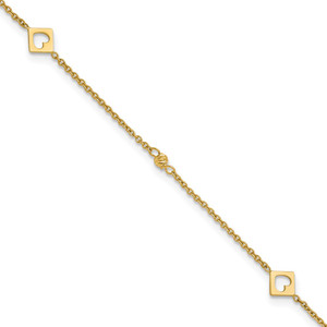 14k Polished Cut-out Hearts and Diamond-cut Beads 9 inch Anklet Plus 1 inch Extender
