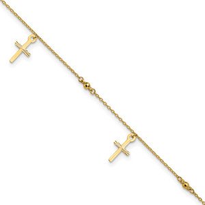 14k Polished Diamond-cut 3 Cross Dangles and Beads 9 inch Anklet Plus 1 inch Extender