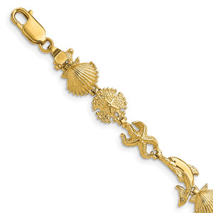 14K Polished Dolphin and Sea Shells 7 inch Bracelet