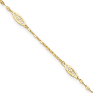 14K Polished Fancy Filigree Link 5-Station 9 inch Anklet Plus 1 inch Extender