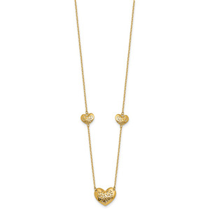 14K Polished Filigree Puffed Heart 3-Station 16 inch Necklace Plus 2 inch Extender