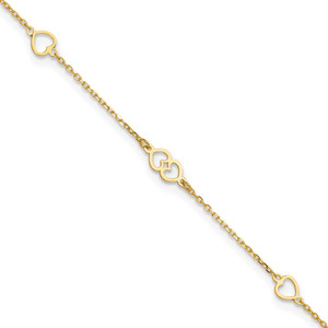 14K Polished Heart Links and Chain 9 inch Anklet Plus 1 inch Extender