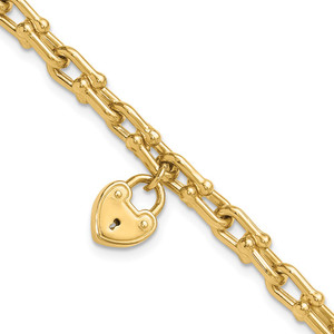 14K Polished Heart Lock Charm Fancy Link 7.5 inch Bracelet