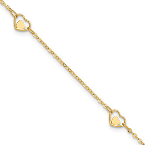 14K Polished Heart-in-Heart Links 3-Station 9 inch Anklet Plus 1 inch Extender