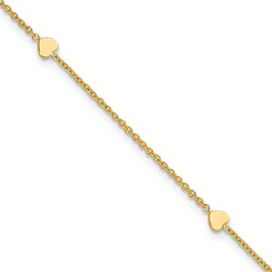 14K Polished Hearts 4-Station 10 inch Anklet Plus 1 inch Extender