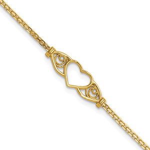 14k Polished Open Heart with Filigree and Bismark Chain 9 inch  Anklet